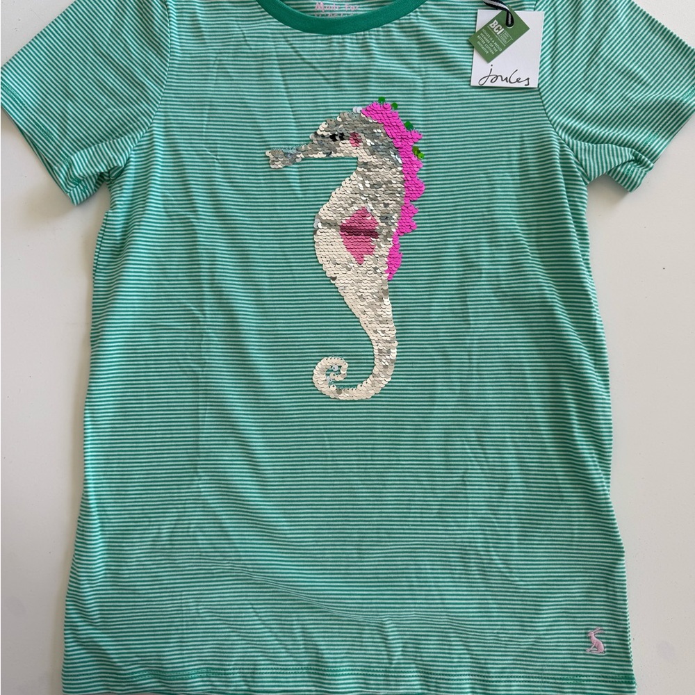 Joules Teal Striped Kids Tee with Sequined Seahorse